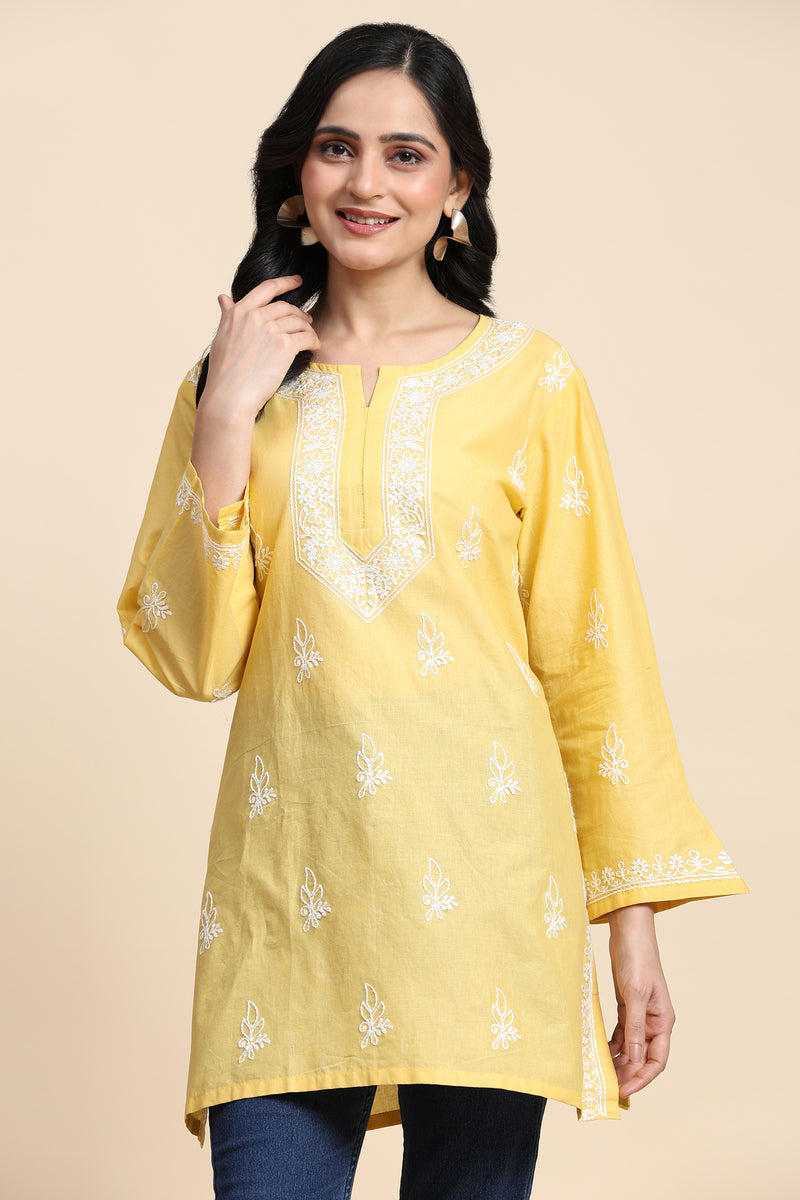 Cotton Embroidery Lucknowi Chikankari Kurta - Long Sleeve Straight Short Kurta for Women