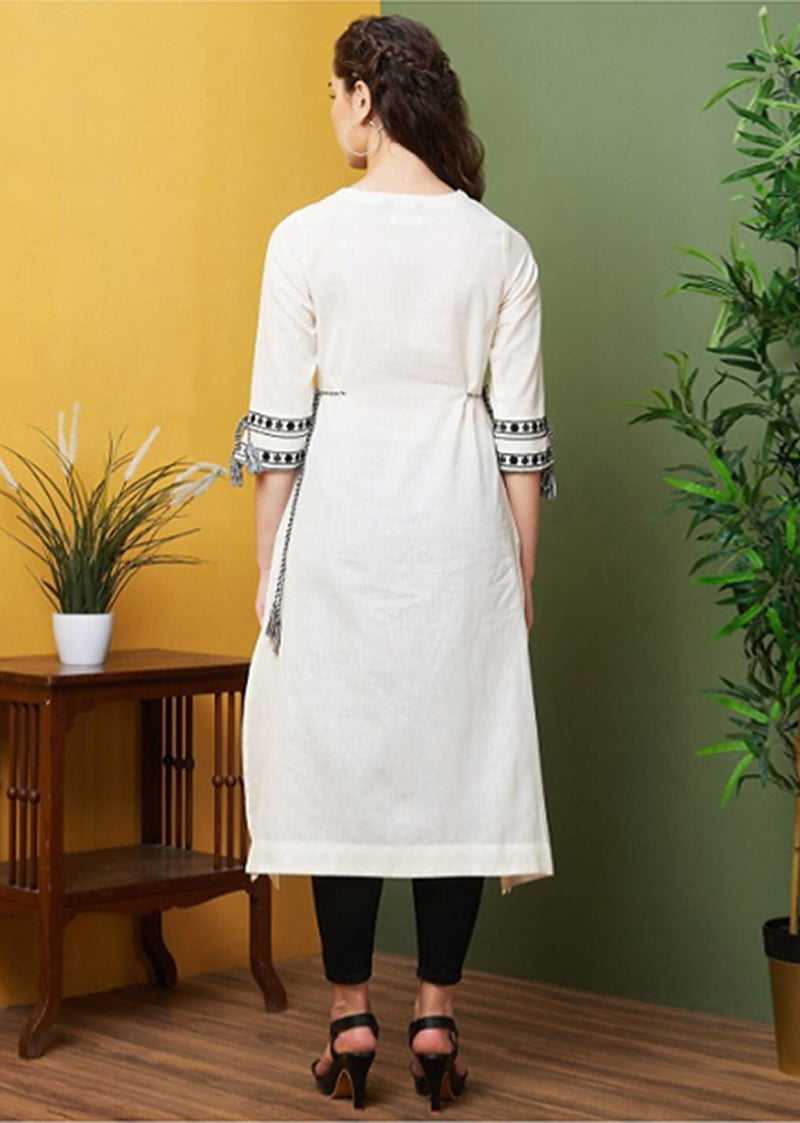 Grey Cotton Embroidery Kurti 3/4 Sleeve Calf Length Stright Kurti for Women