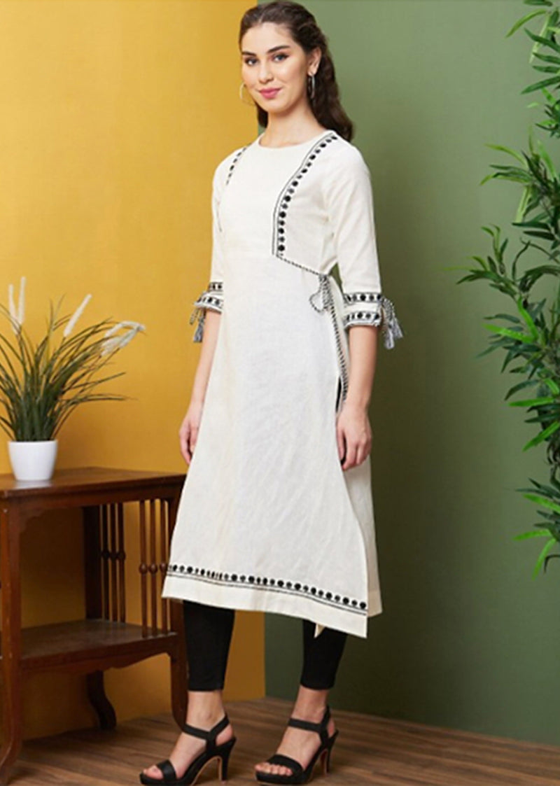 Grey Cotton Embroidery Kurti 3/4 Sleeve Calf Length Stright Kurti for Women