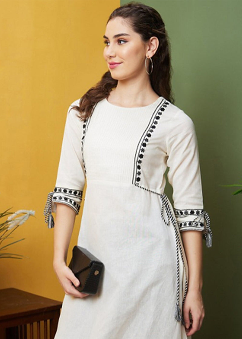 Grey Cotton Embroidery Kurti 3/4 Sleeve Calf Length Stright Kurti for Women