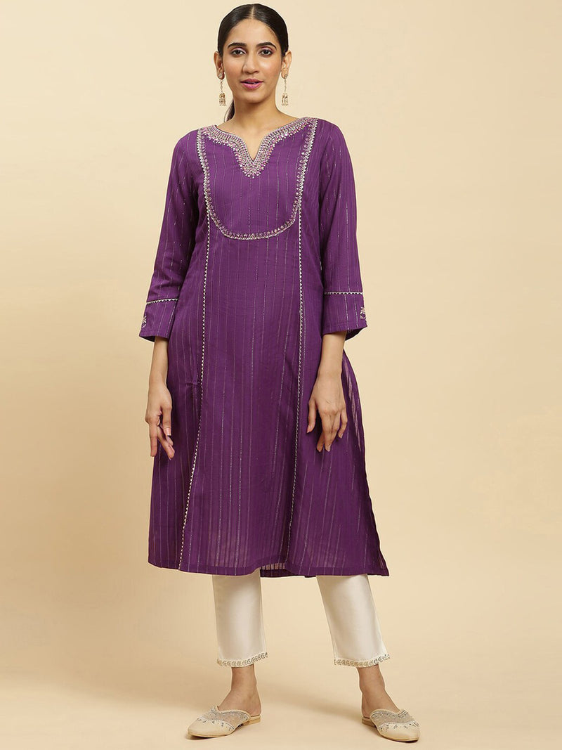 Cotton Embroidery Kurti 3/4 Sleeve Calf Length Stright Kurti for Women