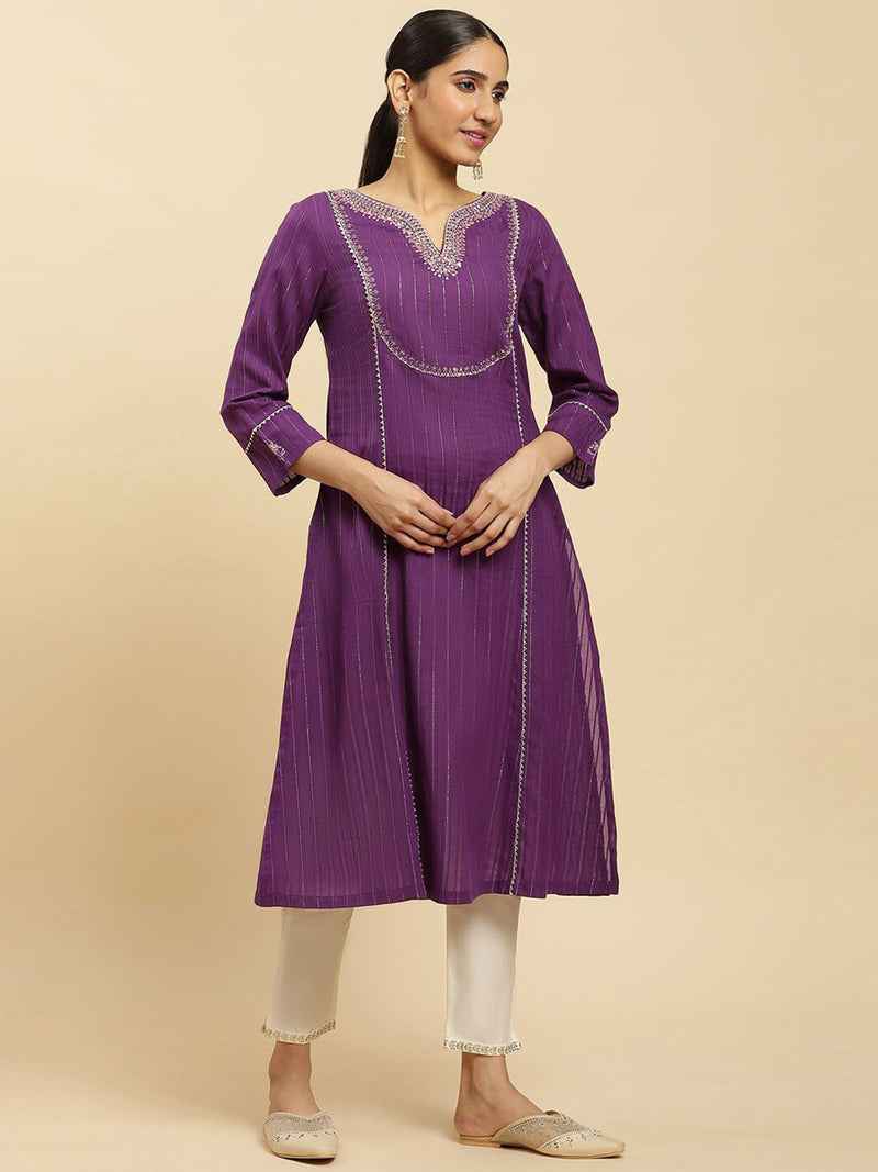 Cotton Embroidery Kurti 3/4 Sleeve Calf Length Stright Kurti for Women