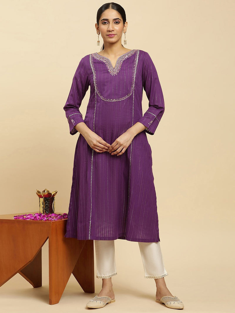 Cotton Embroidery Kurti 3/4 Sleeve Calf Length Stright Kurti for Women