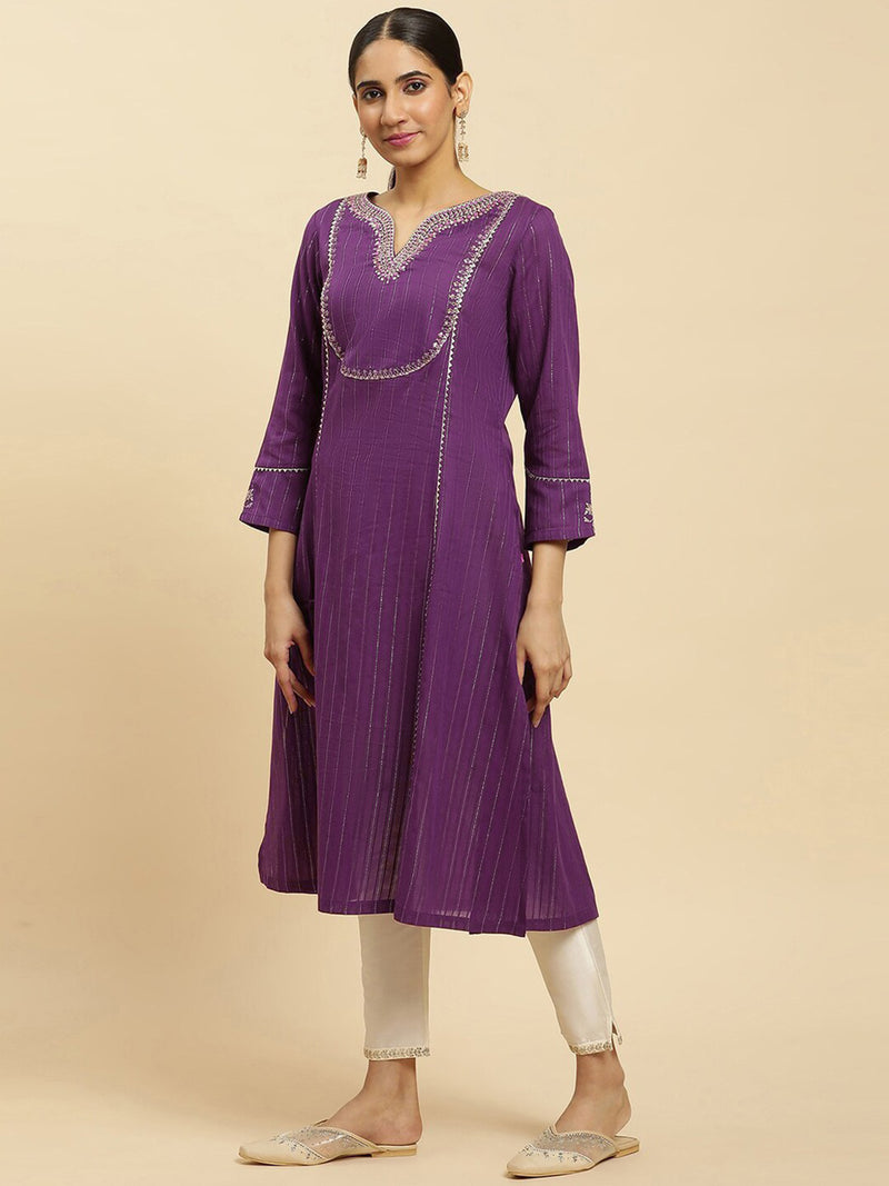 Cotton Embroidery Kurti 3/4 Sleeve Calf Length Stright Kurti for Women
