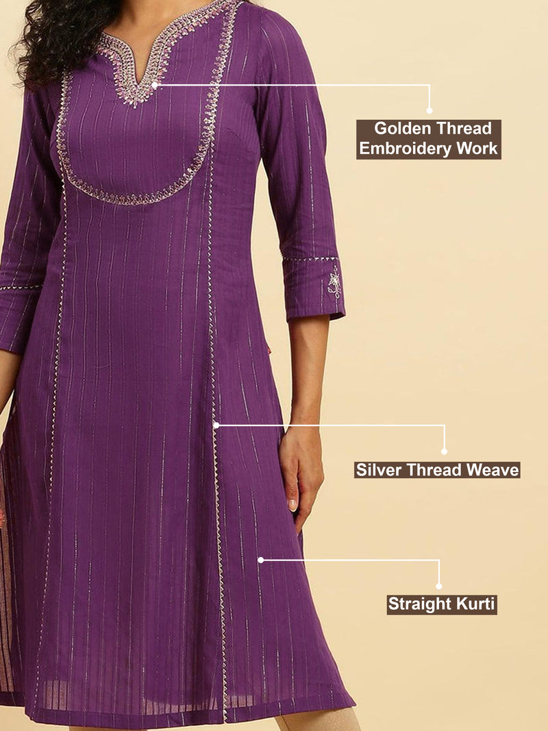 Cotton Embroidery Kurti 3/4 Sleeve Calf Length Stright Kurti for Women
