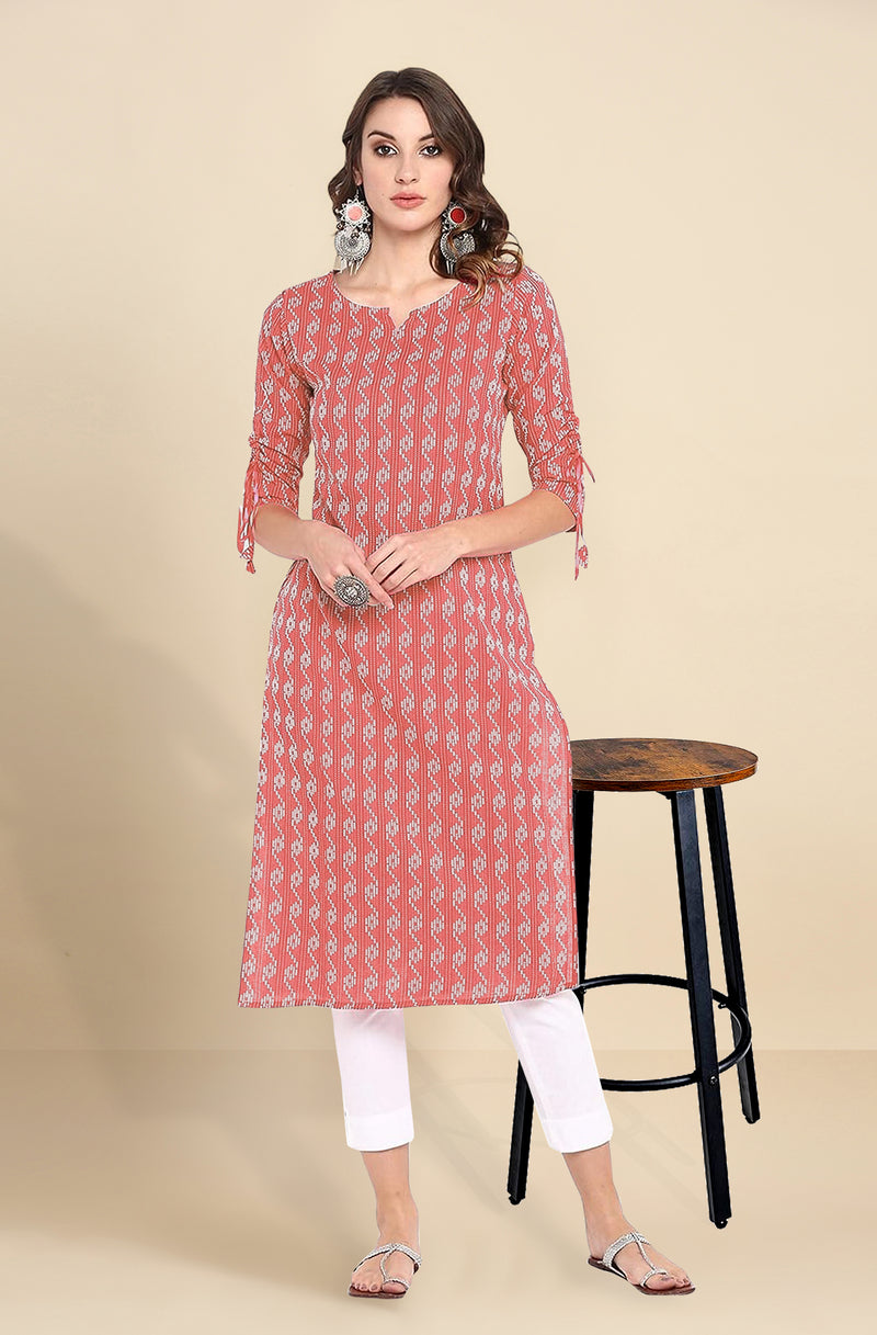 Red Cotton Embroidery Kurti 3/4 Sleeve Calf Length Stright Kurti for Women