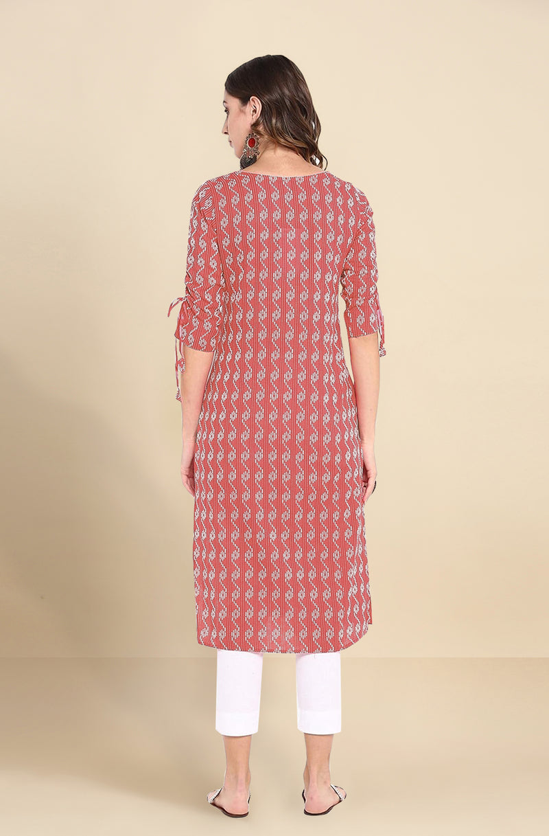 Red Cotton Embroidery Kurti 3/4 Sleeve Calf Length Stright Kurti for Women