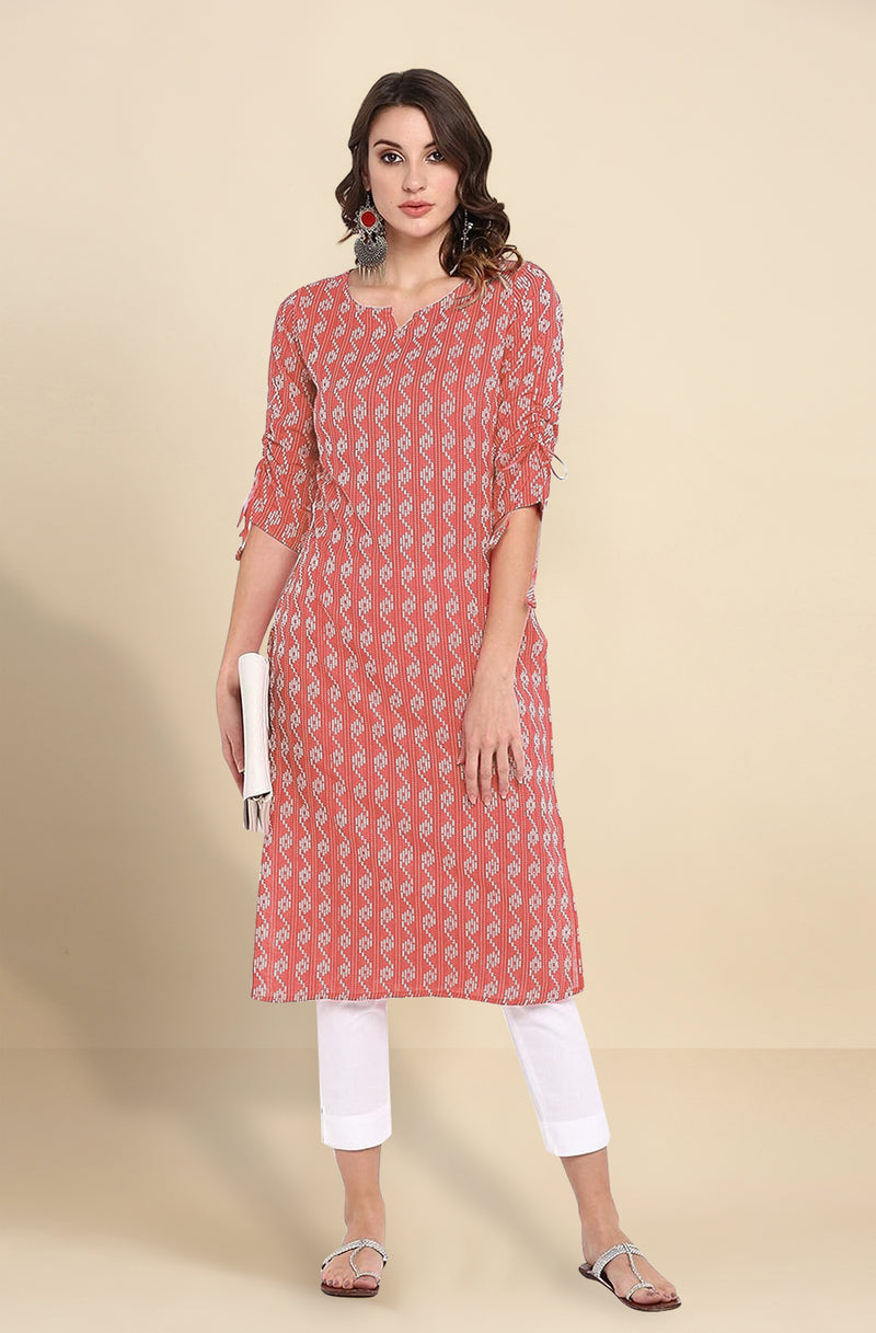 Red Cotton Embroidery Kurti 3/4 Sleeve Calf Length Stright Kurti for Women