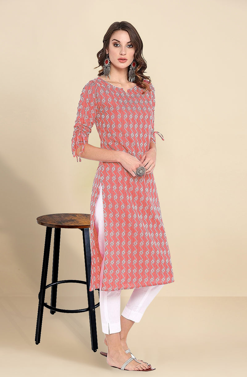 Red Cotton Embroidery Kurti 3/4 Sleeve Calf Length Stright Kurti for Women
