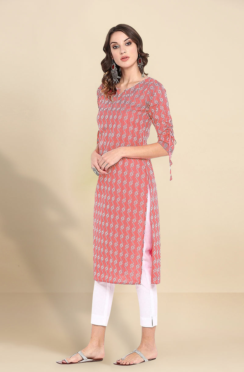 Red Cotton Embroidery Kurti 3/4 Sleeve Calf Length Stright Kurti for Women