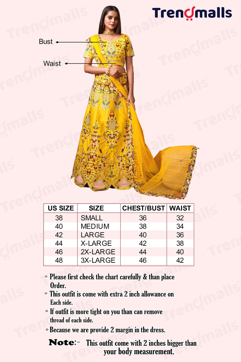 Yellow Satin Embroidery Bridal Lehenga Choli With Net Dupatta For Women's