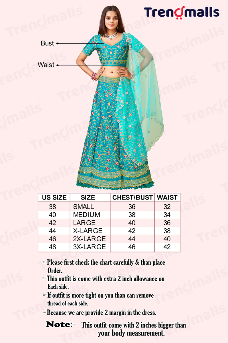 Turquoise Satin Embroidery Lehenga Choli With Dupatta For Women's