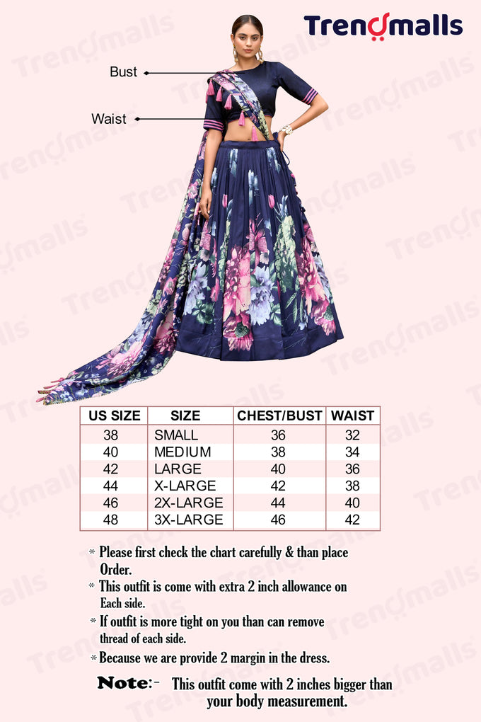 Blue Jam Satin Flower Printed Semi-Stitched Lehenga Choli with Dupatta For Women's Trendmalls