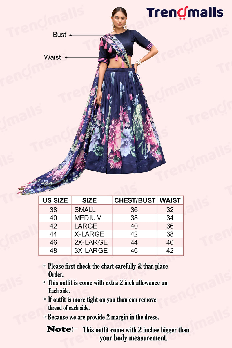Blue Jam Satin Flower Printed Semi-Stitched Lehenga Choli with Dupatta For Women's
