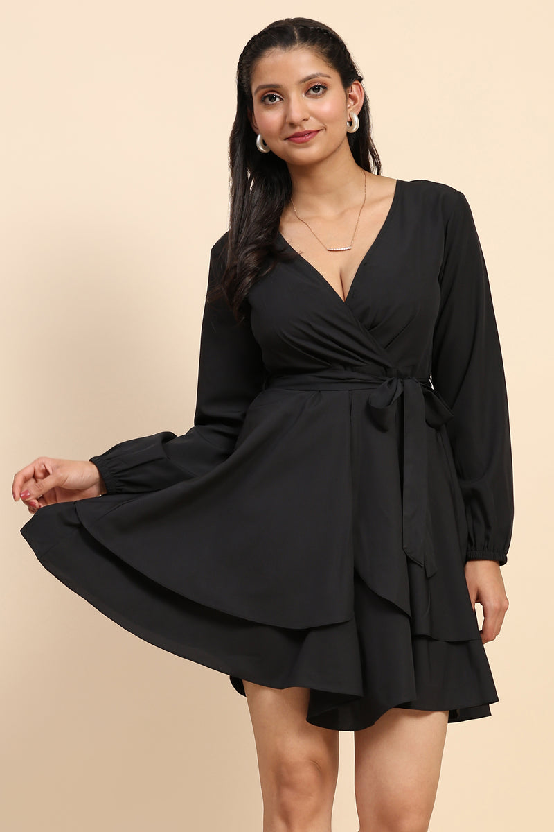 TRENDMALLS Women's Crepe Short Western Deep V-Neck Long Sleeve Waist Tie Ruffle Mini Swing Skater Dresses