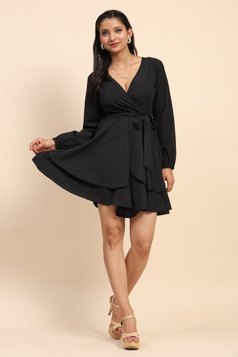 TRENDMALLS Women's Crepe Short Western Deep V-Neck Long Sleeve Waist Tie Ruffle Mini Swing Skater Dresses