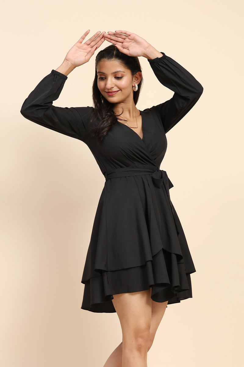 TRENDMALLS Women's Crepe Short Western Deep V-Neck Long Sleeve Waist Tie Ruffle Mini Swing Skater Dresses